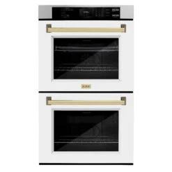 ZLINE Autograph Edition 30 In. Professional True Convection Double Wall Oven With Air Fry And Self Clean In Stainless Steel With White Matte Doors And Polished Gold Handles (WADZ-WM-30-G)(Zline Autograph Edition 30 Double Wall Oven Stainless Steel White Matte Polished Gold Wadz Wm 30 G)