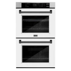 ZLINE Autograph Edition 30 In. Professional True Convection Double Wall Oven With Air Fry And Self Clean In Stainless Steel With White Matte Doors And Matte Black Handles (WADZ-WM-30-MB)(Zline Autograph Edition 30 Double Wall Oven Stainless Steel White Matte Matte Black Wadz Wm 30 Mb)