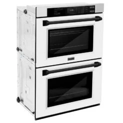 ZLINE Autograph Edition 30 In. Professional True Convection Double Wall Oven With Air Fry And Self Clean In Stainless Steel With White Matte Doors And Matte Black Handles (WADZ-WM-30-MB)(Zline Autograph Edition 30 Double Wall Oven Stainless Steel White Matte Matte Black Wadz Wm 30 Mb) -Induction Cooktop Store zline autograph edition white matte stainless steel wall oven WADZ WM 30 MB side hero
