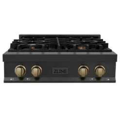 ZLINE Autograph Edition 30 In. Legacy Gas Rangetop With 4 Burners And Porcelain Cooktop In Black Stainless Steel With Champagne Bronze Accents (RTBZ-30-CB)(Zline Autograph Edition 30 Legacy Gas Rangetop Black Stainless Steel Champagne Bronze Rtbz 30 Cb)