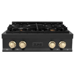 ZLINE Autograph Edition 30 In. Legacy Gas Rangetop With 4 Burners And Porcelain Cooktop In Black Stainless Steel With Polished Gold Accents (RTBZ-30-G)(Zline Autograph Edition 30 Legacy Gas Rangetop Black Stainless Steel Gold Rtbz 30 G)