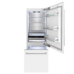 ZLINE 30 In. 16.1 Cu. Ft. Built-In Bottom Freezer Refrigerator With Water Dispenser And Ice Maker In White Matte (RBIV-WM-30)(Zline 30 Built In Refrigerator White Matte Rbiv Wm 30) -Induction Cooktop Store zline built in white matte refrigerator RBIV WM 30 front open freezer lights on 04a48fa2 136b 4fc6 8e8f b8dcb3f82f1c