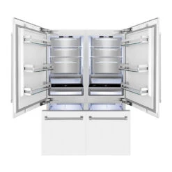 ZLINE 60 In. 32.2 Cu. Ft. French Door Built-In Bottom Freezer Refrigerator With Water Dispensers And Ice Makers In White Matte (RBIV-WM-60)(Zline 60 Built In Refrigerator White Matte Rbiv Wm 60) -Induction Cooktop Store zline built in white matte refrigerator RBIV WM 60 front open freezer lights on 4fd8ca02 b595 47c9 9390 9903dce72a0b
