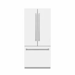 ZLINE 36 In. 19.6 Cu. Ft. French Door Built-In Bottom Freezer Refrigerator With Water Dispenser And Ice Maker In White Matte With Stainless Steel Interior (SRBIV-WM-36)(Zline 36 Built In Refrigerator White Matte Stainless Steel Srbiv Wm 36) -Induction Cooktop Store zline built in white matte refrigerator SRBIV WM 36 front closed