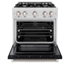 ZLINE 30 In. 4.2 Cu. Ft. Select Dual Fuel Range With 4 Burner Gas Cooktop And Electric Convection Oven In Satin Stainless Steel With Black Matte Door (HDRS-BLM-30)(Zline 30 Select Dual Fuel Range Satin Stainless Steel Black Matte Hdrs Blm 30) 13 ZLINE 30 In. 4.2 Cu. Ft. Select Dual Fuel Range With 4 Burner Gas Cooktop And Electric Convection Oven In Satin Stainless Steel With Black Matte Door (HDRS-BLM-30)(Zline 30 Select Dual Fuel Range Satin Stainless Steel Black Matte Hdrs Blm 30) -Induction Cooktop Store zline classic satin stainless steel black matte door dual fuel range HDRS BLM 30 front open
