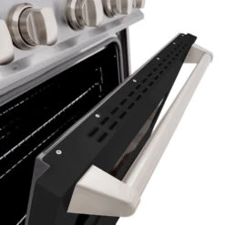 ZLINE 30 In. 4.2 Cu. Ft. Classic Dual Fuel Range With 4 Burner Gas Cooktop And Electric Convection Oven In Satin Stainless Steel With Black Matte Door (CDRS-BLM-30)(Zline 30 Classic Dual Fuel Range Satin Stainless Steel Black Matte Cdrs Blm 30) -Induction Cooktop Store zline classic satin stainless steel dual fuel range CDRS BLM 30 door detail