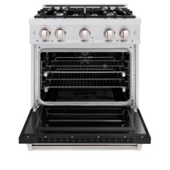 ZLINE 30 In. 4.2 Cu. Ft. Classic Dual Fuel Range With 4 Burner Gas Cooktop And Electric Convection Oven In Satin Stainless Steel With Black Matte Door (CDRS-BLM-30)(Zline 30 Classic Dual Fuel Range Satin Stainless Steel Black Matte Cdrs Blm 30) -Induction Cooktop Store zline classic satin stainless steel dual fuel range CDRS BLM 30 front open