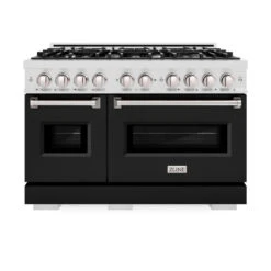ZLINE 48 In. 6.7 Cu. Ft. Classic Double Oven Dual Fuel Range With 8 Burner Gas Cooktop In Satin Stainless Steel With Black Matte Doors (CDRS-BLM-48)(Zline 48 Classic Dual Fuel Range Satin Stainless Steel Black Matte Cdrs Blm 48) -Induction Cooktop Store zline classic satin stainless steel dual fuel range CDRS BLM 48 front