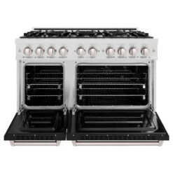 ZLINE 48 In. 6.7 Cu. Ft. Classic Double Oven Dual Fuel Range With 8 Burner Gas Cooktop In Satin Stainless Steel With Black Matte Doors (CDRS-BLM-48)(Zline 48 Classic Dual Fuel Range Satin Stainless Steel Black Matte Cdrs Blm 48) -Induction Cooktop Store zline classic satin stainless steel dual fuel range CDRS BLM 48 front open