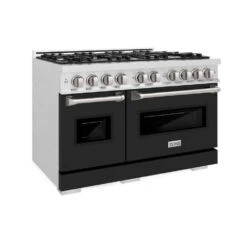 ZLINE 48 In. 6.7 Cu. Ft. Classic Double Oven Dual Fuel Range With 8 Burner Gas Cooktop In Satin Stainless Steel With Black Matte Doors (CDRS-BLM-48)(Zline 48 Classic Dual Fuel Range Satin Stainless Steel Black Matte Cdrs Blm 48)