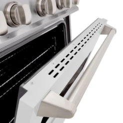 ZLINE 30 In. 4.2 Cu. Ft. Classic Dual Fuel Range With 4 Burner Gas Cooktop And Electric Convection Oven In Satin Stainless Steel With White Matte Door (CDRS-WM-30)(Zline 30 Classic Dual Fuel Range Satin Stainless Steel White Matte Cdrs Wm 30) -Induction Cooktop Store zline classic satin stainless steel dual fuel range CDRS WM 30 door detail