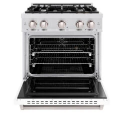 ZLINE 30 In. 4.2 Cu. Ft. Classic Dual Fuel Range With 4 Burner Gas Cooktop And Electric Convection Oven In Satin Stainless Steel With White Matte Door (CDRS-WM-30)(Zline 30 Classic Dual Fuel Range Satin Stainless Steel White Matte Cdrs Wm 30) -Induction Cooktop Store zline classic satin stainless steel dual fuel range CDRS WM 30 front open