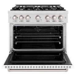 ZLINE 36 In. 5.2 Cu. Ft. Classic Dual Fuel Range With 6 Burner Gas Cooktop And Electric Convection Oven In Satin Stainless Steel With White Matte Door (CDRS-WM-36)(Zline 36 Classic Dual Fuel Range Satin Stainless Steel White Matte Cdrs Wm 36) -Induction Cooktop Store zline classic satin stainless steel dual fuel range CDRS WM 36 front open