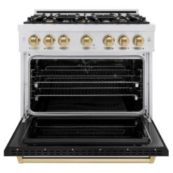 ZLINE Autograph Edition 36 In. 5.2 Cu. Ft. Classic Dual Fuel Range With 6 Burner Gas Cooktop And Electric Convection Oven In Satin Stainless Steel With Black Matte Door And Champagne Bronze Accents (CDRSZ-BLM-36-CB)(Zline Autograph Edition 36 Classic Dual Fuel Range Satin Stainless Steel Black Matte Champagne Bronze Cdrsz Blm 36 Cb) -Induction Cooktop Store zline classic satin stainless steel dual fuel range autograph edition champagne bronze CDRSZ BLM 36 CB front open 6cf75830 c5fd 4a55 aadc 34c2275f79fb