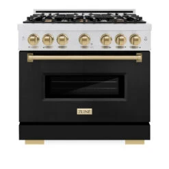 ZLINE Autograph Edition 36 In. 5.2 Cu. Ft. Classic Dual Fuel Range With 6 Burner Gas Cooktop And Electric Convection Oven In Satin Stainless Steel With Black Matte Door And Champagne Bronze Accents (CDRSZ-BLM-36-CB)(Zline Autograph Edition 36 Classic Dual Fuel Range Satin Stainless Steel Black Matte Champagne Bronze Cdrsz Blm 36 Cb) -Induction Cooktop Store zline classic satin stainless steel dual fuel range autograph edition champagne bronze CDRSZ BLM 36 CB front d85eaf84 2a03 4fb8 a670 30f94f6c19d7