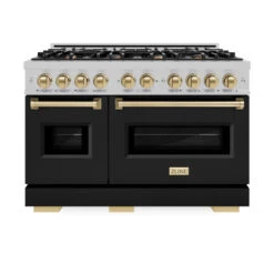 ZLINE Autograph Edition 48 In. 6.7 Cu. Ft. Classic Double Oven Dual Fuel Range With 8 Burner Gas Cooktop In Satin Stainless Steel With Black Matte Doors And Champagne Bronze Accents (CDRSZ-BLM-48-CB)(Zline Autograph Edition 48 Classic Dual Fuel Range Satin Stainless Steel Black Matte Champagne Bronze Cdrsz Blm 48 Cb) -Induction Cooktop Store zline classic satin stainless steel dual fuel range autograph edition champagne bronze CDRSZ BLM 48 CB front