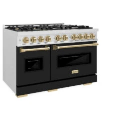 ZLINE Autograph Edition 48 In. 6.7 Cu. Ft. Classic Double Oven Dual Fuel Range With 8 Burner Gas Cooktop In Satin Stainless Steel With Black Matte Doors And Champagne Bronze Accents (CDRSZ-BLM-48-CB)(Zline Autograph Edition 48 Classic Dual Fuel Range Satin Stainless Steel Black Matte Champagne Bronze Cdrsz Blm 48 Cb) -Induction Cooktop Store zline classic satin stainless steel dual fuel range autograph edition champagne bronze CDRSZ BLM 48 CB main