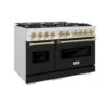 ZLINE Autograph Edition 48 In. 6.7 Cu. Ft. Classic Double Oven Dual Fuel Range With 8 Burner Gas Cooktop In Satin Stainless Steel With Black Matte Doors And Champagne Bronze Accents (CDRSZ-BLM-48-CB)(Zline Autograph Edition 48 Classic Dual Fuel Range Satin Stainless Steel Black Matte Champagne Bronze Cdrsz Blm 48 Cb)