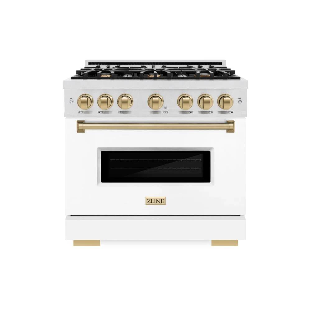 ZLINE Autograph Edition 36 In. 5.2 Cu. Ft. Classic Dual Fuel Range With 6 Burner Gas Cooktop And Electric Convection Oven In Satin Stainless Steel With White Matte Door And Champagne Bronze Accents (CDRSZ-WM-36-CB)(Zline Autograph Edition 36 Classic Dual Fuel Range Satin Stainless Steel White Matte Champagne Bronze Cdrsz Wm 36 Cb) 4 ZLINE Autograph Edition 36 In. 5.2 Cu. Ft. Classic Dual Fuel Range With 6 Burner Gas Cooktop And Electric Convection Oven In Satin Stainless Steel With White Matte Door And Champagne Bronze Accents (CDRSZ-WM-36-CB)(Zline Autograph Edition 36 Classic Dual Fuel Range Satin Stainless Steel White Matte Champagne Bronze Cdrsz Wm 36 Cb) - Image 4