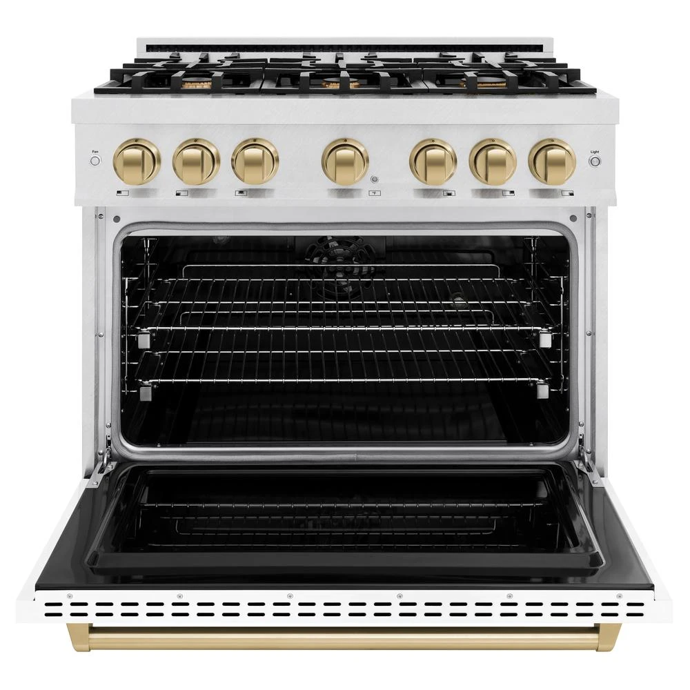 ZLINE Autograph Edition 36 In. 5.2 Cu. Ft. Classic Dual Fuel Range With 6 Burner Gas Cooktop And Electric Convection Oven In Satin Stainless Steel With White Matte Door And Champagne Bronze Accents (CDRSZ-WM-36-CB)(Zline Autograph Edition 36 Classic Dual Fuel Range Satin Stainless Steel White Matte Champagne Bronze Cdrsz Wm 36 Cb) 7 ZLINE Autograph Edition 36 In. 5.2 Cu. Ft. Classic Dual Fuel Range With 6 Burner Gas Cooktop And Electric Convection Oven In Satin Stainless Steel With White Matte Door And Champagne Bronze Accents (CDRSZ-WM-36-CB)(Zline Autograph Edition 36 Classic Dual Fuel Range Satin Stainless Steel White Matte Champagne Bronze Cdrsz Wm 36 Cb) - Image 7