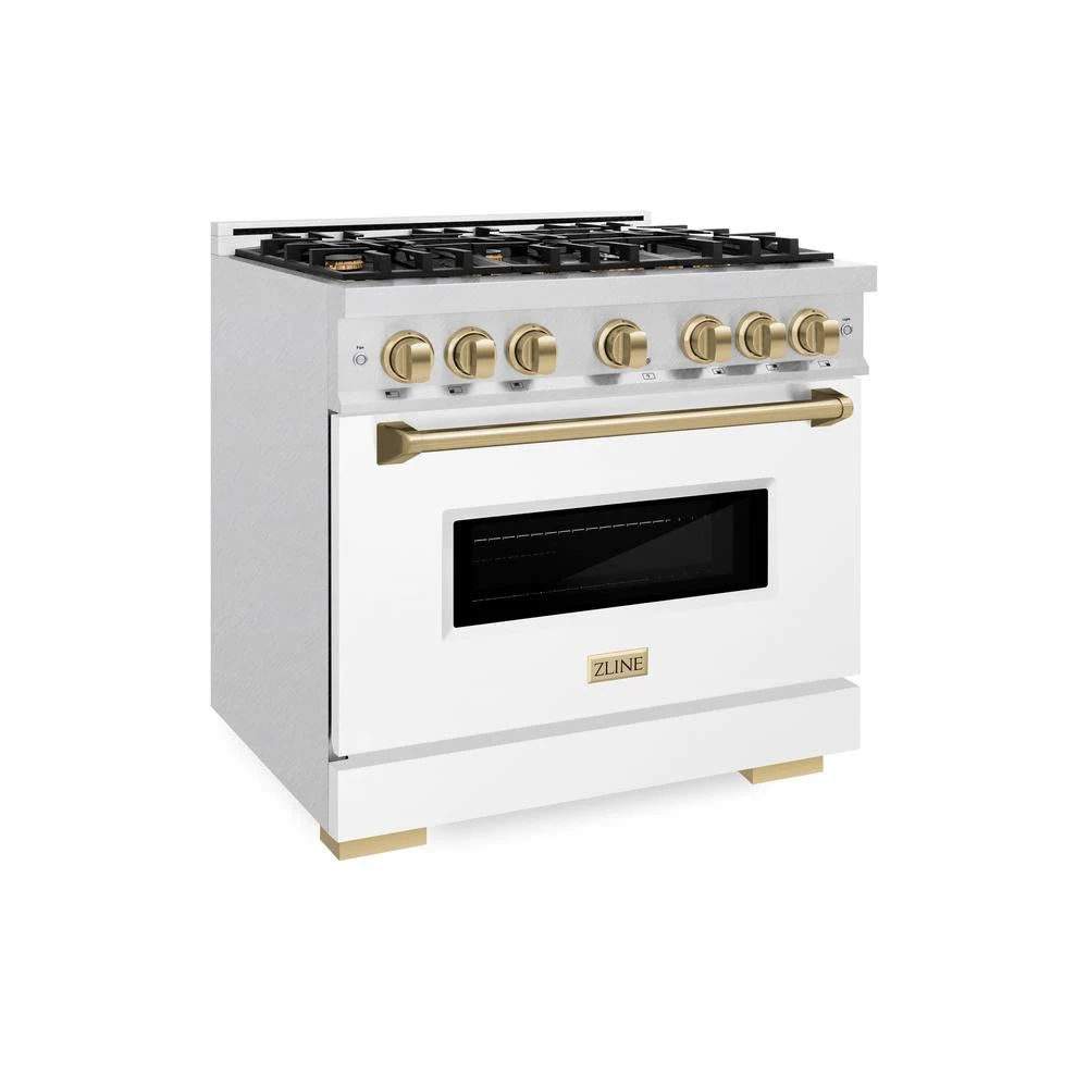 ZLINE Autograph Edition 36 In. 5.2 Cu. Ft. Classic Dual Fuel Range With 6 Burner Gas Cooktop And Electric Convection Oven In Satin Stainless Steel With White Matte Door And Champagne Bronze Accents (CDRSZ-WM-36-CB)(Zline Autograph Edition 36 Classic Dual Fuel Range Satin Stainless Steel White Matte Champagne Bronze Cdrsz Wm 36 Cb) 1 ZLINE Autograph Edition 36 In. 5.2 Cu. Ft. Classic Dual Fuel Range With 6 Burner Gas Cooktop And Electric Convection Oven In Satin Stainless Steel With White Matte Door And Champagne Bronze Accents (CDRSZ-WM-36-CB)(Zline Autograph Edition 36 Classic Dual Fuel Range Satin Stainless Steel White Matte Champagne Bronze Cdrsz Wm 36 Cb)