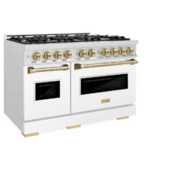 ZLINE Autograph Edition 48 In. 6.7 Cu. Ft. Classic Double Oven Dual Fuel Range With 8 Burner Gas Cooktop In Satin Stainless Steel With White Matte Doors And Champagne Bronze Accents (CDRSZ-WM-48-CB)(Zline Autograph Edition 48 Classic Dual Fuel Range Satin Stainless Steel White Matte Champagne Bronze Cdrsz Wm 48 Cb) -Induction Cooktop Store zline classic satin stainless steel dual fuel range autograph edition champagne bronze CDRSZ WM 48 CB main