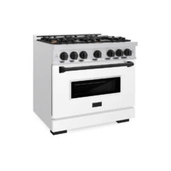 ZLINE Autograph Edition 36 In. 5.2 Cu. Ft. Classic Dual Fuel Range With 6 Burner Gas Cooktop And Electric Convection Oven In Satin Stainless Steel With White Matte Door And Matte Black Accents (CDRSZ-WM-36-MB)(Zline Autograph Edition 36 Classic Dual Fuel Range Satin Stainless Steel White Matte Matte Black Cdrsz Wm 36 Mb)