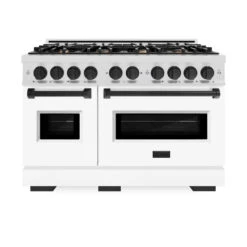 ZLINE Autograph Edition 48 In. 6.7 Cu. Ft. Classic Double Oven Dual Fuel Range With 8 Burner Gas Cooktop In Satin Stainless Steel With White Matte Doors And Matte Black Accents (CDRSZ-WM-48-MB)(Zline Autograph Edition 48 Classic Dual Fuel Range Satin Stainless Steel White Matte Matte Black Cdrsz Wm 48 Mb) -Induction Cooktop Store zline classic satin stainless steel dual fuel range autograph edition matte black CDRSZ WM 48 MB front