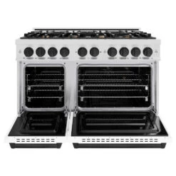 ZLINE Autograph Edition 48 In. 6.7 Cu. Ft. Classic Double Oven Dual Fuel Range With 8 Burner Gas Cooktop In Satin Stainless Steel With White Matte Doors And Matte Black Accents (CDRSZ-WM-48-MB)(Zline Autograph Edition 48 Classic Dual Fuel Range Satin Stainless Steel White Matte Matte Black Cdrsz Wm 48 Mb) -Induction Cooktop Store zline classic satin stainless steel dual fuel range autograph edition matte black CDRSZ WM 48 MB front open
