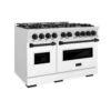 ZLINE Autograph Edition 48 In. 6.7 Cu. Ft. Classic Double Oven Dual Fuel Range With 8 Burner Gas Cooktop In Satin Stainless Steel With White Matte Doors And Matte Black Accents (CDRSZ-WM-48-MB)(Zline Autograph Edition 48 Classic Dual Fuel Range Satin Stainless Steel White Matte Matte Black Cdrsz Wm 48 Mb)