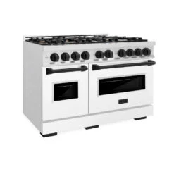 ZLINE Autograph Edition 48 In. 6.7 Cu. Ft. Classic Double Oven Dual Fuel Range With 8 Burner Gas Cooktop In Satin Stainless Steel With White Matte Doors And Matte Black Accents (CDRSZ-WM-48-MB)(Zline Autograph Edition 48 Classic Dual Fuel Range Satin Stainless Steel White Matte Matte Black Cdrsz Wm 48 Mb)