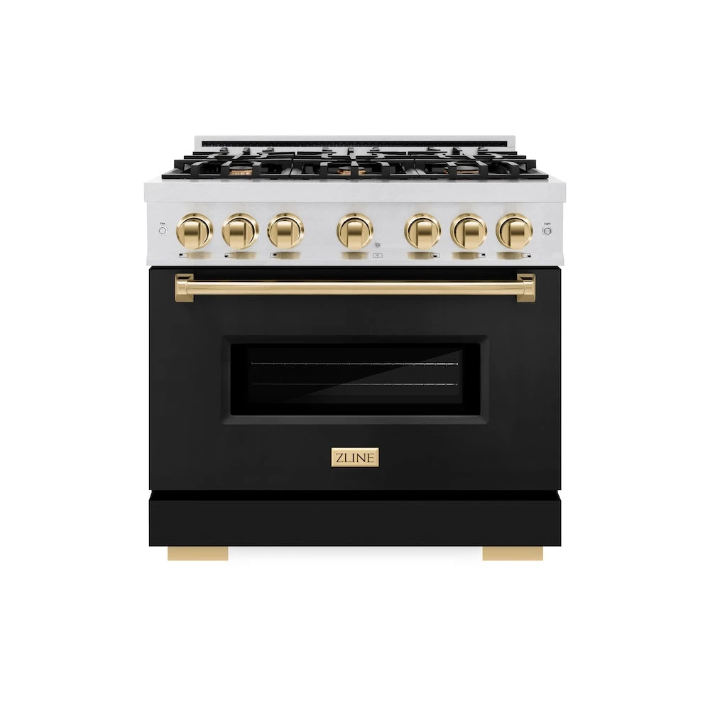ZLINE Autograph Edition 36 In. 5.2 Cu. Ft. Classic Dual Fuel Range With 6 Burner Gas Cooktop And Electric Convection Oven In Satin Stainless Steel With Black Matte Door And Polished Gold Accents (CDRSZ-BLM-36-G)(Zline Autograph Edition 36 Classic Dual Fuel Range Satin Stainless Steel Black Matte Polished Gold Cdrsz Blm 36 G) 2 ZLINE Autograph Edition 36 In. 5.2 Cu. Ft. Classic Dual Fuel Range With 6 Burner Gas Cooktop And Electric Convection Oven In Satin Stainless Steel With Black Matte Door And Polished Gold Accents (CDRSZ-BLM-36-G)(Zline Autograph Edition 36 Classic Dual Fuel Range Satin Stainless Steel Black Matte Polished Gold Cdrsz Blm 36 G) - Image 2