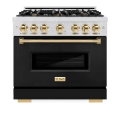 ZLINE Autograph Edition 36 In. 5.2 Cu. Ft. Classic Dual Fuel Range With 6 Burner Gas Cooktop And Electric Convection Oven In Satin Stainless Steel With Black Matte Door And Polished Gold Accents (CDRSZ-BLM-36-G)(Zline Autograph Edition 36 Classic Dual Fuel Range Satin Stainless Steel Black Matte Polished Gold Cdrsz Blm 36 G) 17 ZLINE Autograph Edition 36 In. 5.2 Cu. Ft. Classic Dual Fuel Range With 6 Burner Gas Cooktop And Electric Convection Oven In Satin Stainless Steel With Black Matte Door And Polished Gold Accents (CDRSZ-BLM-36-G)(Zline Autograph Edition 36 Classic Dual Fuel Range Satin Stainless Steel Black Matte Polished Gold Cdrsz Blm 36 G) -Induction Cooktop Store zline classic satin stainless steel dual fuel range autograph edition polished gold CDRSZ BLM 36 G front e6505466 d911 40ee a4d4 66c451ec1025