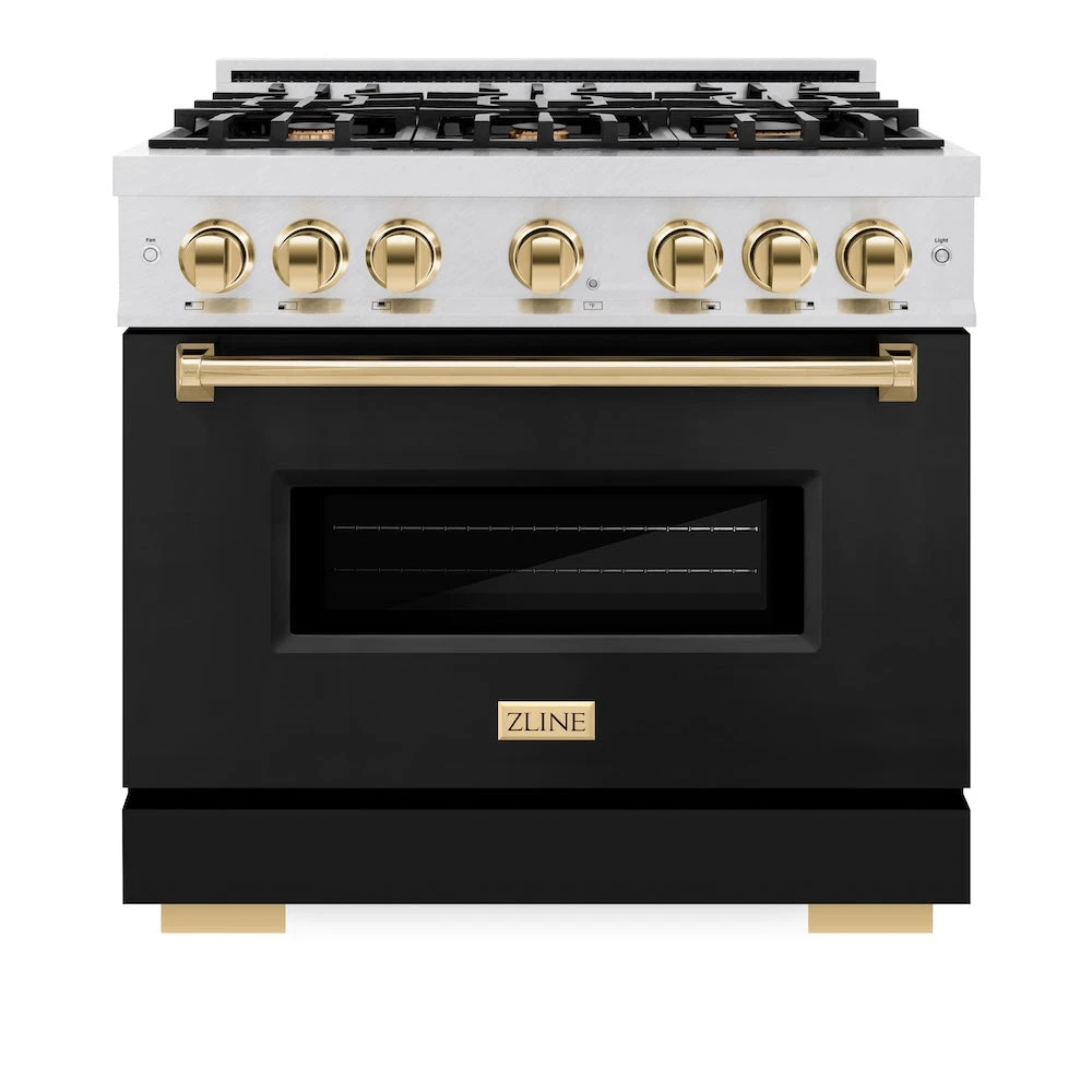 ZLINE Autograph Edition 36 In. 5.2 Cu. Ft. Classic Dual Fuel Range With 6 Burner Gas Cooktop And Electric Convection Oven In Satin Stainless Steel With Black Matte Door And Polished Gold Accents (CDRSZ-BLM-36-G)(Zline Autograph Edition 36 Classic Dual Fuel Range Satin Stainless Steel Black Matte Polished Gold Cdrsz Blm 36 G) 4 ZLINE Autograph Edition 36 In. 5.2 Cu. Ft. Classic Dual Fuel Range With 6 Burner Gas Cooktop And Electric Convection Oven In Satin Stainless Steel With Black Matte Door And Polished Gold Accents (CDRSZ-BLM-36-G)(Zline Autograph Edition 36 Classic Dual Fuel Range Satin Stainless Steel Black Matte Polished Gold Cdrsz Blm 36 G) - Image 4