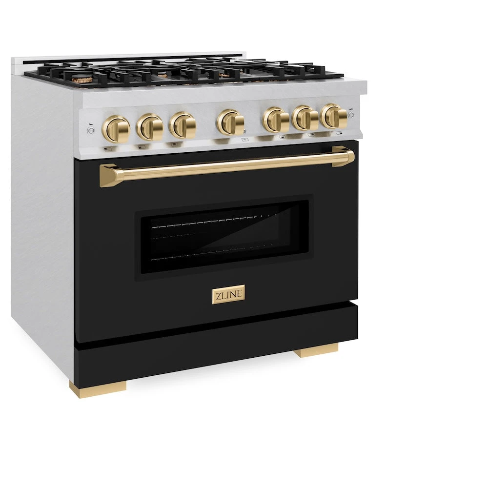 ZLINE Autograph Edition 36 In. 5.2 Cu. Ft. Classic Dual Fuel Range With 6 Burner Gas Cooktop And Electric Convection Oven In Satin Stainless Steel With Black Matte Door And Polished Gold Accents (CDRSZ-BLM-36-G)(Zline Autograph Edition 36 Classic Dual Fuel Range Satin Stainless Steel Black Matte Polished Gold Cdrsz Blm 36 G) 6 ZLINE Autograph Edition 36 In. 5.2 Cu. Ft. Classic Dual Fuel Range With 6 Burner Gas Cooktop And Electric Convection Oven In Satin Stainless Steel With Black Matte Door And Polished Gold Accents (CDRSZ-BLM-36-G)(Zline Autograph Edition 36 Classic Dual Fuel Range Satin Stainless Steel Black Matte Polished Gold Cdrsz Blm 36 G) - Image 6