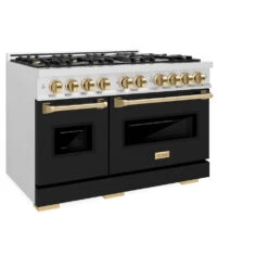 ZLINE Autograph Edition 48 In. 6.7 Cu. Ft. Classic Double Oven Dual Fuel Range With 8 Burner Gas Cooktop In Satin Stainless Steel With Black Matte Doors And Polished Gold Accents (CDRSZ-BLM-48-G)(Zline Autograph Edition 48 Classic Dual Fuel Range Satin Stainless Steel Black Matte Polished Gold Cdrsz Blm 48 G) -Induction Cooktop Store zline classic satin stainless steel dual fuel range autograph edition polished gold CDRSZ BLM 48 G main