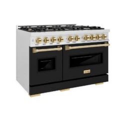 ZLINE Autograph Edition 48 In. 6.7 Cu. Ft. Classic Double Oven Dual Fuel Range With 8 Burner Gas Cooktop In Satin Stainless Steel With Black Matte Doors And Polished Gold Accents (CDRSZ-BLM-48-G)(Zline Autograph Edition 48 Classic Dual Fuel Range Satin Stainless Steel Black Matte Polished Gold Cdrsz Blm 48 G)