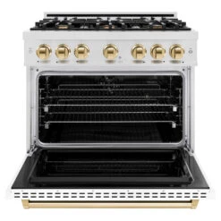ZLINE Autograph Edition 36 In. 5.2 Cu. Ft. Classic Dual Fuel Range With 6 Burner Gas Cooktop And Electric Convection Oven In Satin Stainless Steel With White Matte Door And Polished Gold Accents (CDRSZ-WM-36-G)(Zline Autograph Edition 36 Classic Dual Fuel Range Satin Stainless Steel White Matte Polished Gold Cdrsz Wm 36 G) -Induction Cooktop Store zline classic satin stainless steel dual fuel range autograph edition polished gold CDRSZ WM 36 G front open