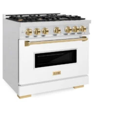 ZLINE Autograph Edition 36 In. 5.2 Cu. Ft. Classic Dual Fuel Range With 6 Burner Gas Cooktop And Electric Convection Oven In Satin Stainless Steel With White Matte Door And Polished Gold Accents (CDRSZ-WM-36-G)(Zline Autograph Edition 36 Classic Dual Fuel Range Satin Stainless Steel White Matte Polished Gold Cdrsz Wm 36 G) -Induction Cooktop Store zline classic satin stainless steel dual fuel range autograph edition polished gold CDRSZ WM 36 G main