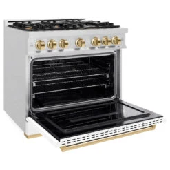 ZLINE Autograph Edition 36 In. 5.2 Cu. Ft. Classic Dual Fuel Range With 6 Burner Gas Cooktop And Electric Convection Oven In Satin Stainless Steel With White Matte Door And Polished Gold Accents (CDRSZ-WM-36-G)(Zline Autograph Edition 36 Classic Dual Fuel Range Satin Stainless Steel White Matte Polished Gold Cdrsz Wm 36 G) -Induction Cooktop Store zline classic satin stainless steel dual fuel range autograph edition polished gold CDRSZ WM 36 G main open