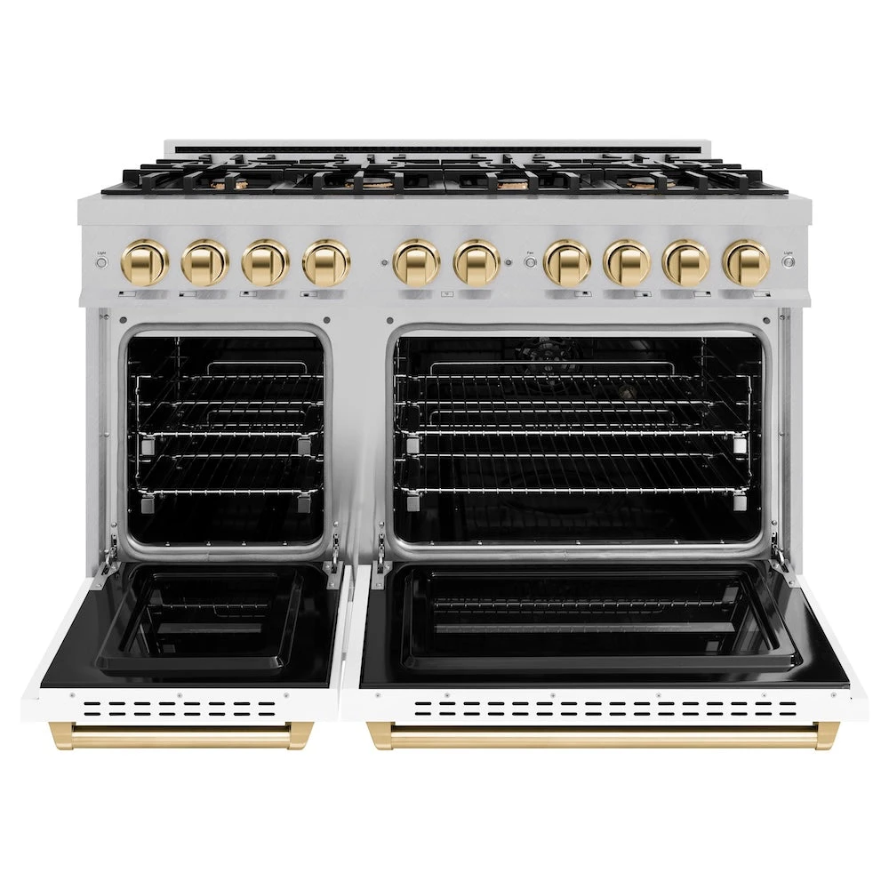 ZLINE Autograph Edition 48 In. 6.7 Cu. Ft. Classic Double Oven Dual Fuel Range With 8 Burner Gas Cooktop In Satin Stainless Steel With White Matte Doors And Polished Gold Accents (CDRSZ-WM-48-G)(Zline Autograph Edition 48 Classic Dual Fuel Range Satin Stainless Steel White Matte Polished Gold Cdrsz Wm 48 G) 3 ZLINE Autograph Edition 48 In. 6.7 Cu. Ft. Classic Double Oven Dual Fuel Range With 8 Burner Gas Cooktop In Satin Stainless Steel With White Matte Doors And Polished Gold Accents (CDRSZ-WM-48-G)(Zline Autograph Edition 48 Classic Dual Fuel Range Satin Stainless Steel White Matte Polished Gold Cdrsz Wm 48 G) - Image 3