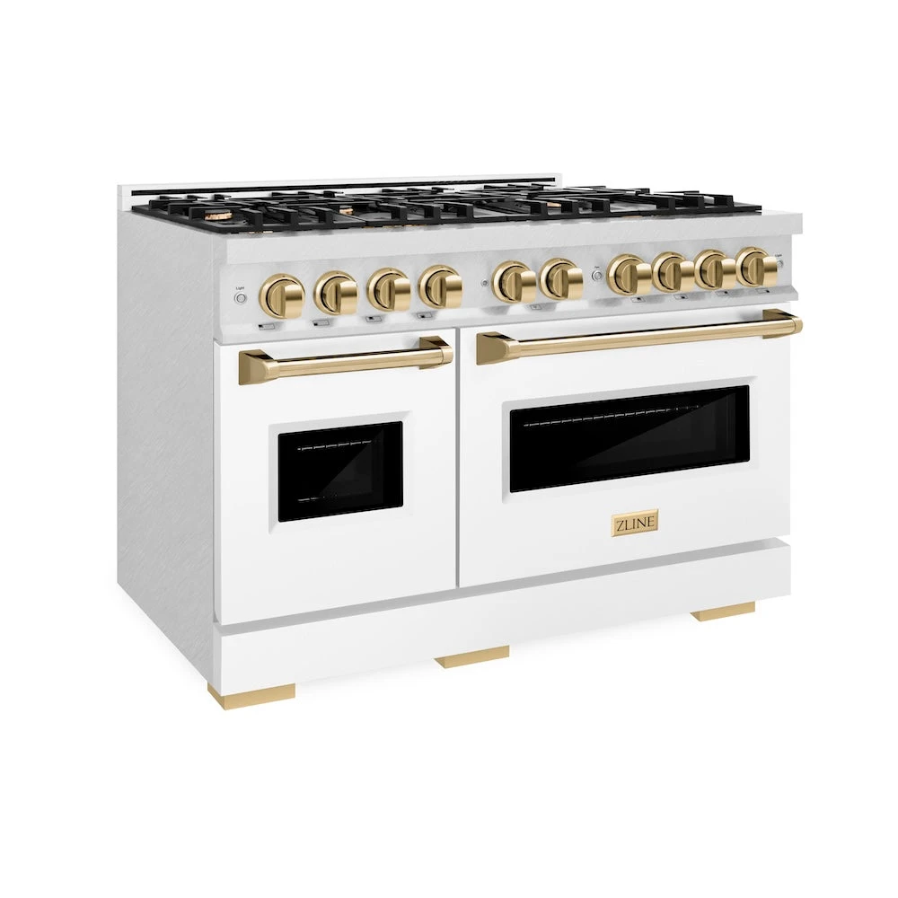 ZLINE Autograph Edition 48 In. 6.7 Cu. Ft. Classic Double Oven Dual Fuel Range With 8 Burner Gas Cooktop In Satin Stainless Steel With White Matte Doors And Polished Gold Accents (CDRSZ-WM-48-G)(Zline Autograph Edition 48 Classic Dual Fuel Range Satin Stainless Steel White Matte Polished Gold Cdrsz Wm 48 G) 1 ZLINE Autograph Edition 48 In. 6.7 Cu. Ft. Classic Double Oven Dual Fuel Range With 8 Burner Gas Cooktop In Satin Stainless Steel With White Matte Doors And Polished Gold Accents (CDRSZ-WM-48-G)(Zline Autograph Edition 48 Classic Dual Fuel Range Satin Stainless Steel White Matte Polished Gold Cdrsz Wm 48 G)