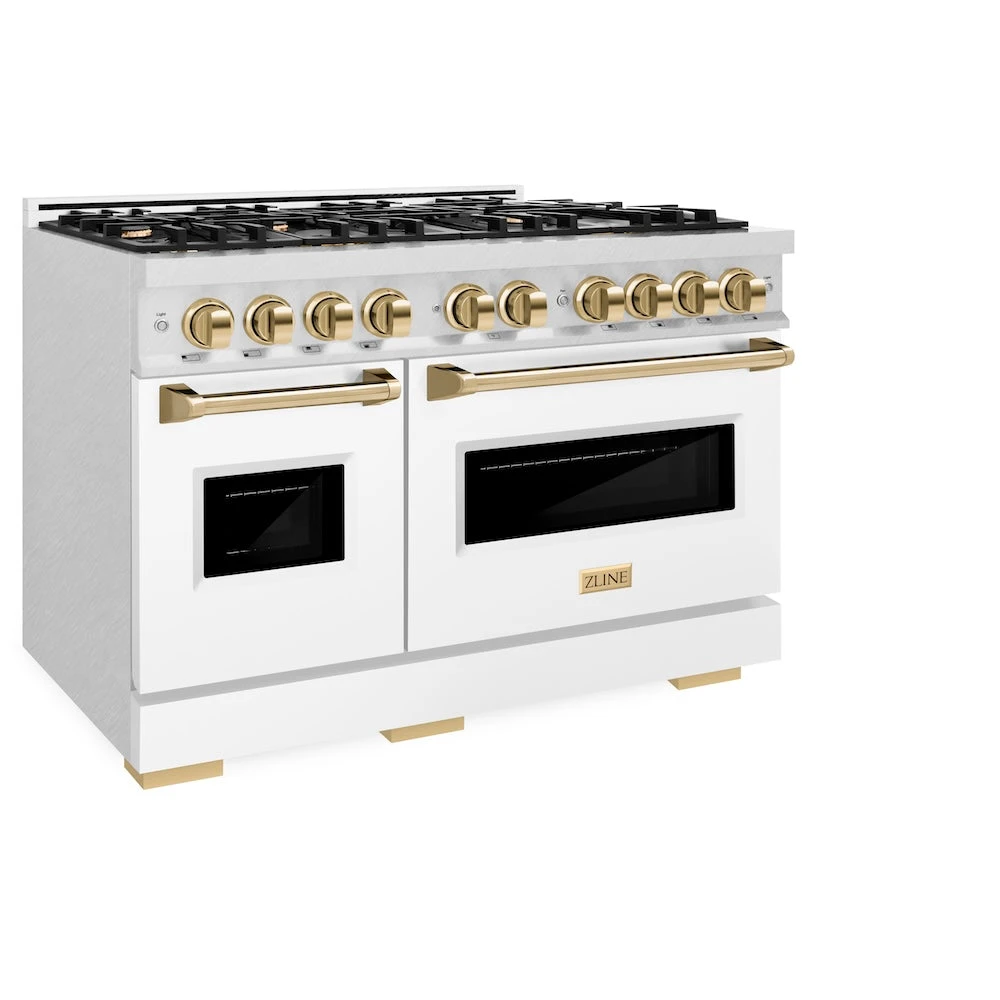 ZLINE Autograph Edition 48 In. 6.7 Cu. Ft. Classic Double Oven Dual Fuel Range With 8 Burner Gas Cooktop In Satin Stainless Steel With White Matte Doors And Polished Gold Accents (CDRSZ-WM-48-G)(Zline Autograph Edition 48 Classic Dual Fuel Range Satin Stainless Steel White Matte Polished Gold Cdrsz Wm 48 G) 6 ZLINE Autograph Edition 48 In. 6.7 Cu. Ft. Classic Double Oven Dual Fuel Range With 8 Burner Gas Cooktop In Satin Stainless Steel With White Matte Doors And Polished Gold Accents (CDRSZ-WM-48-G)(Zline Autograph Edition 48 Classic Dual Fuel Range Satin Stainless Steel White Matte Polished Gold Cdrsz Wm 48 G) - Image 6