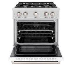 ZLINE 30 In. 4.2 Cu. Ft. Select Dual Fuel Range With 4 Burner Gas Cooktop And Electric Convection Oven In Satin Stainless Steel With White Matte Door (HDRS-WM-30)(Zline 30 Select Dual Fuel Range Satin Stainless Steel White Matte Hdrs Wm 30) -Induction Cooktop Store zline classic satin stainless steel dual fuel white matte range HDRS WM 30 front open