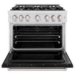 ZLINE 36 In. 5.2 Cu. Ft. Classic Gas Range With 6 Burner Cooktop And Convection Gas Oven In Satin Stainless Steel With Black Matte Door (CGRS-BLM-36)(Zline 36 Classic Gas Range Satin Stainless Steel Black Matte Cgrs Blm 36) 13 ZLINE 36 In. 5.2 Cu. Ft. Classic Gas Range With 6 Burner Cooktop And Convection Gas Oven In Satin Stainless Steel With Black Matte Door (CGRS-BLM-36)(Zline 36 Classic Gas Range Satin Stainless Steel Black Matte Cgrs Blm 36) -Induction Cooktop Store zline classic satin stainless steel gas range CGRS BLM 36 front open
