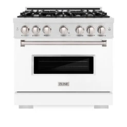 ZLINE 36 In. 5.2 Cu. Ft. Classic Gas Range With 6 Burner Cooktop And Convection Gas Oven In Satin Stainless Steel With White Matte Door (CGRS-WM-36)(Zline 36 Classic Gas Range Satin Stainless Steel White Matte Cgrs Wm 36) -Induction Cooktop Store zline classic satin stainless steel gas range CGRS WM 36 front