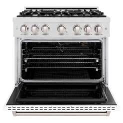 ZLINE 36 In. 5.2 Cu. Ft. Classic Gas Range With 6 Burner Cooktop And Convection Gas Oven In Satin Stainless Steel With White Matte Door (CGRS-WM-36)(Zline 36 Classic Gas Range Satin Stainless Steel White Matte Cgrs Wm 36) -Induction Cooktop Store zline classic satin stainless steel gas range CGRS WM 36 front open