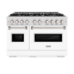 ZLINE 48 In. 6.7 Cu. Ft. Classic Double Oven Gas Range With 8 Burner Cooktop In Satin Stainless Steel With White Matte Doors (CGRS-WM-48)(Zline 48 Classic Gas Range Satin Stainless Steel White Matte Cgrs Wm 48) -Induction Cooktop Store zline classic satin stainless steel gas range CGRS WM 48 front