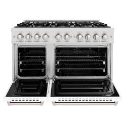 ZLINE 48 In. 6.7 Cu. Ft. Classic Double Oven Gas Range With 8 Burner Cooktop In Satin Stainless Steel With White Matte Doors (CGRS-WM-48)(Zline 48 Classic Gas Range Satin Stainless Steel White Matte Cgrs Wm 48) -Induction Cooktop Store zline classic satin stainless steel gas range CGRS WM 48 front open