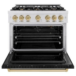 ZLINE Autograph Edition 36 In. 5.2 Cu. Ft. Classic Gas Range With 6 Burner Cooktop And Convection Gas Oven In Satin Stainless Steel With Black Matte Door And Champagne Bronze Accents (CGRSZ-BLM-36-CB)(Zline Autograph Edition 36 Classic Gas Range Satin Stainless Steel Black Matte Champagne Bronze Cgrsz Blm 36 Cb) -Induction Cooktop Store zline classic satin stainless steel gas range autograph edition champagne bronze CGRSZ BLM 36 CB front open